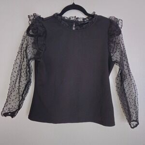 Marc‎ New York Black Sheer Swiss Dot Sleeve Ruffled Neck Blouse Women's XS
